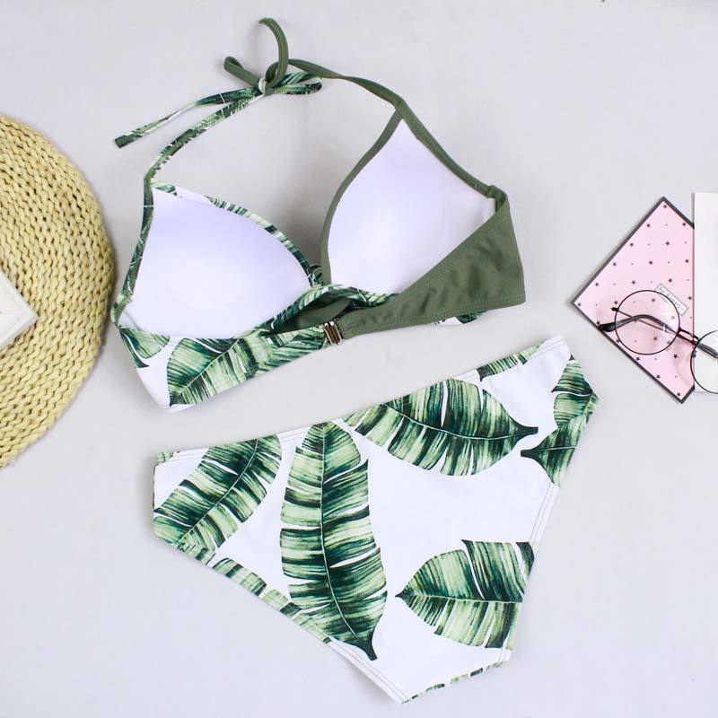 Green Leaf Print Halter Bikini Swimsuit TQK610119-9