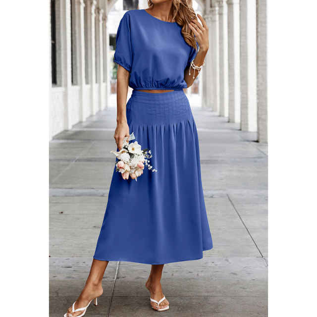 Blue Pleated Crop Top with Skirt Set TQX711094-5