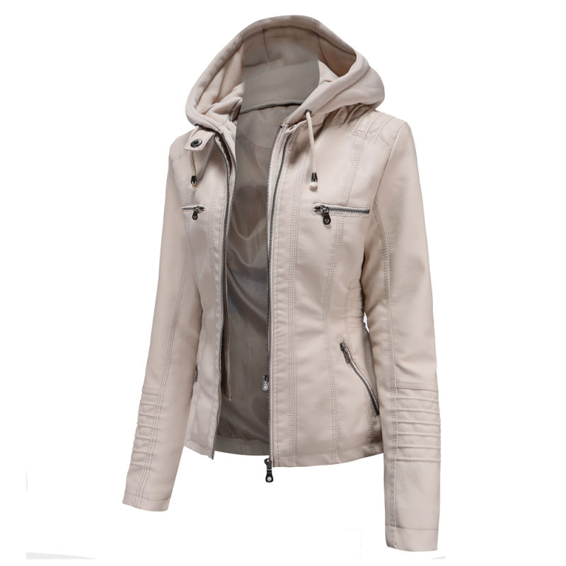 Beige Removable Hooded Washed PU Leather Jacket TQK280096-46