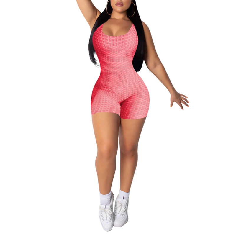 Pink Jacquard Bubble Sleeveless Yoga Romper TQK550226-10