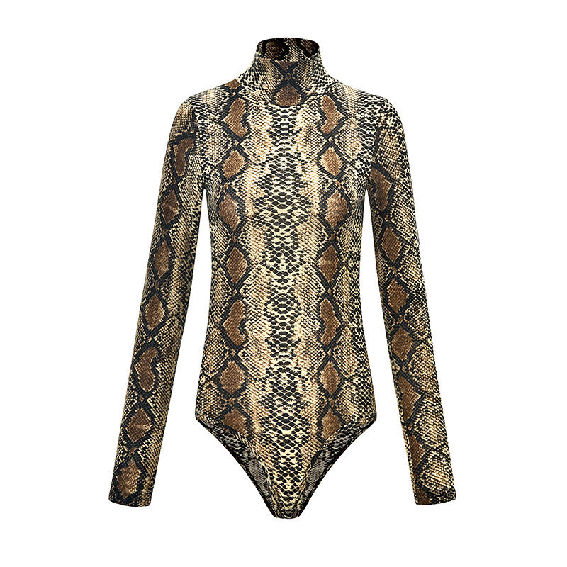 Brown Snake Print Turtleneck Bodysuit TQK00228-17