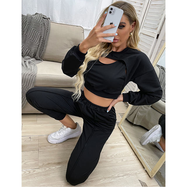 Black Hollow Out Long Sleeve Crop Top with Pant Set TQF711003-2