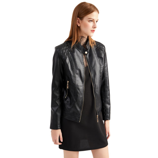 Black Classic Style Stand Collar PU Leather Jacket TQK280092-2