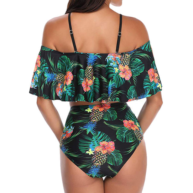 Green Palm Tree Leaf Print High Waist Bikini Swimsuit