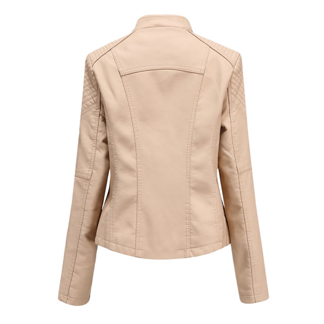 Khaki Zipper Slim Fit Motorcycle PU Leather Jacket TQK280090-21