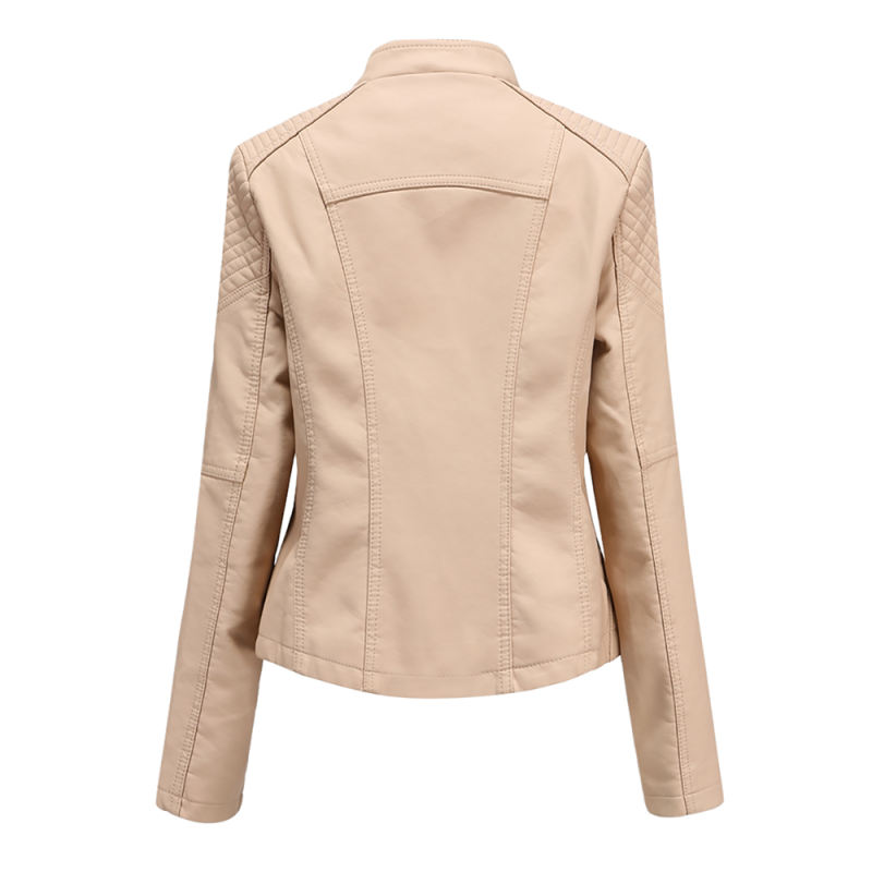 Khaki Zipper Slim Fit Motorcycle PU Leather Jacket TQK280090-21