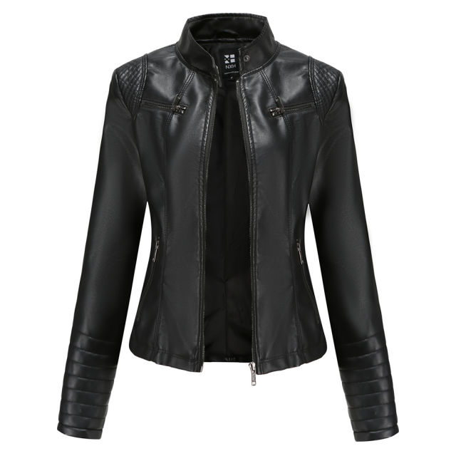 Black Zipper Pockets Long Sleeve PU Leather Jacket TQK280093-2