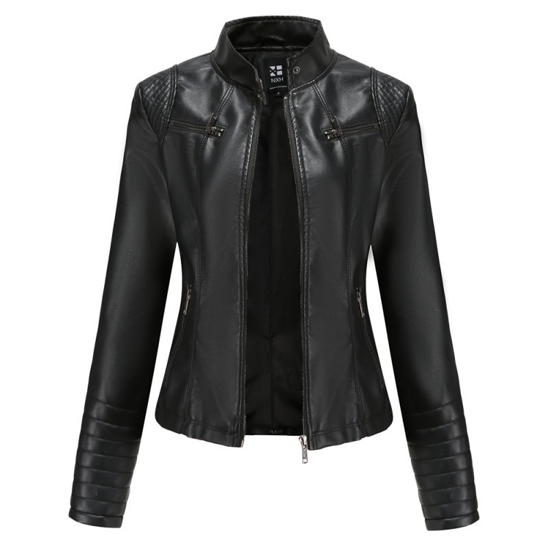 Black Zipper Pockets Long Sleeve PU Leather Jacket TQK280093-2