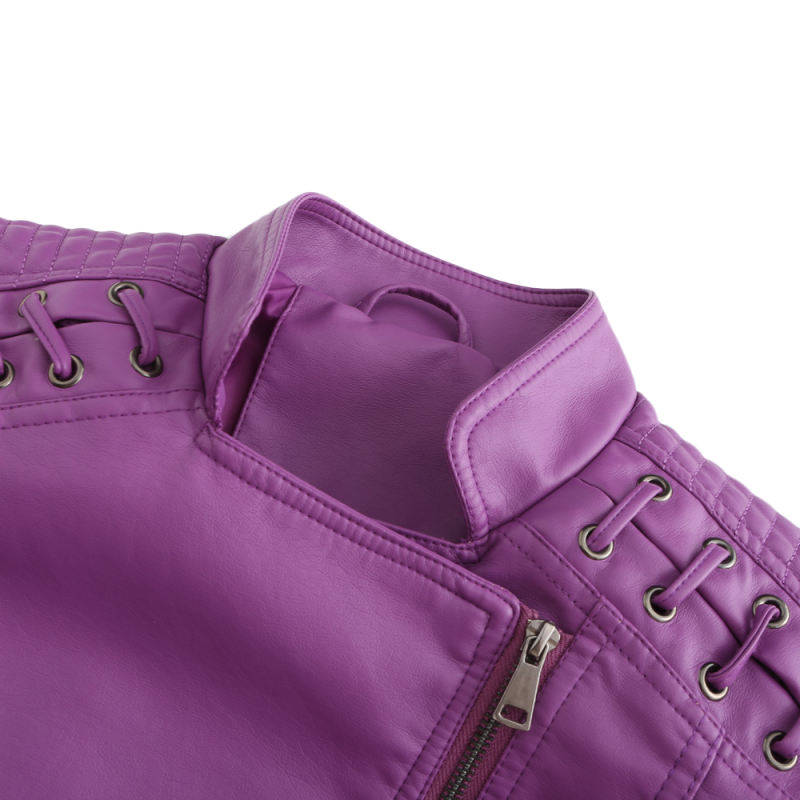 Purple Zipper Slim Fit Motorcycle PU Leather Jacket TQK280090-8