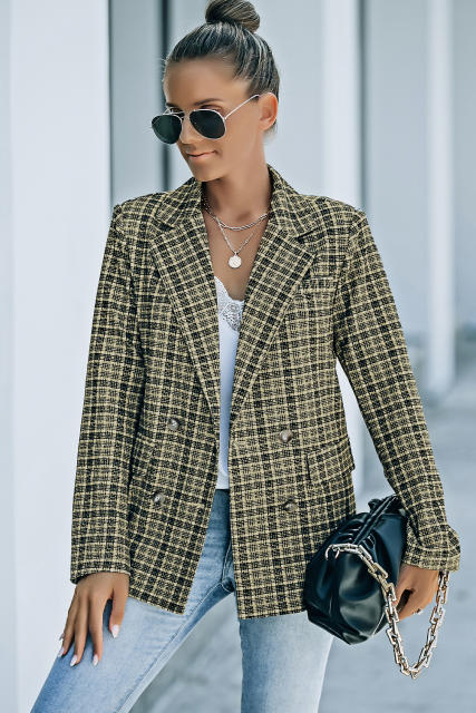 Black Plaid Double Breasted Lapel Collar Blazer LC852395-2