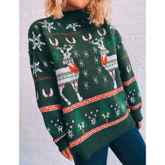 Green Christma Tree Deer Snowflake Print Knit Pullover TQK271415-9
