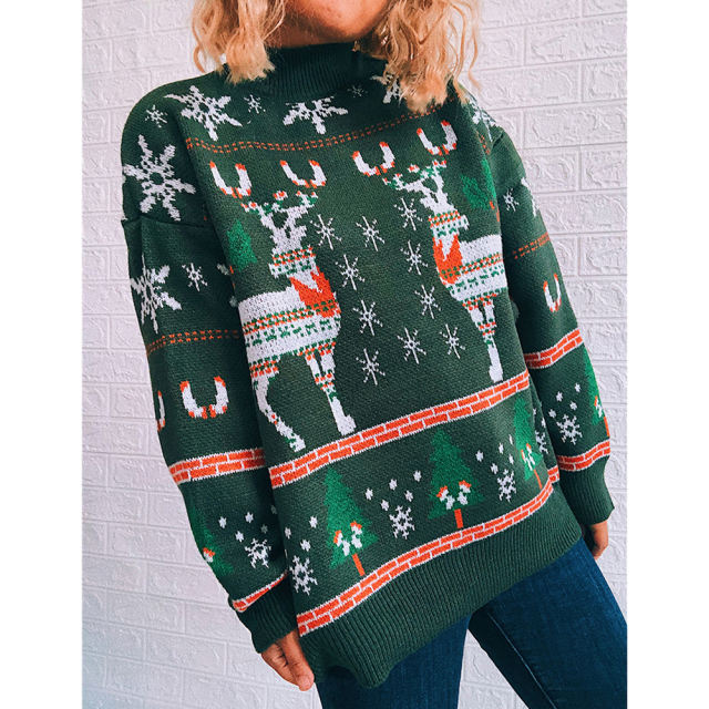 Green Christma Tree Deer Snowflake Print Knit Pullover TQK271415-9