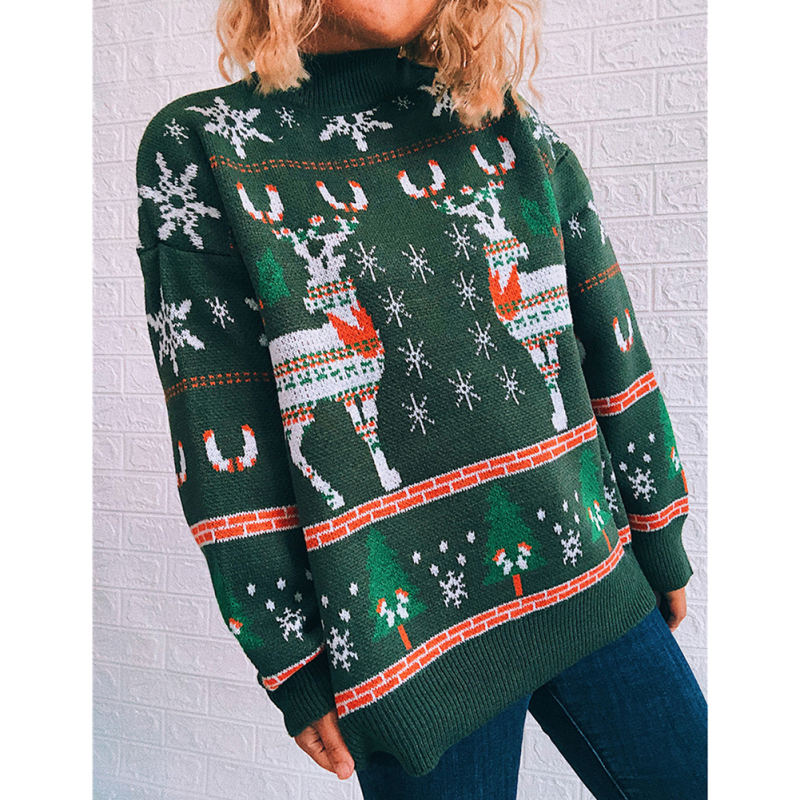 Green Christma Tree Deer Snowflake Print Knit Pullover TQK271415-9