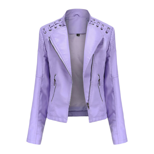 Light Purple Zipper Slim Fit Motorcycle PU Leather Jacket TQK280090-38