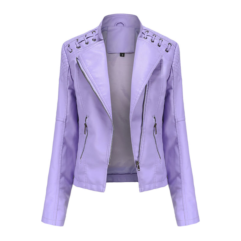 Light Purple Zipper Slim Fit Motorcycle PU Leather Jacket TQK280090-38