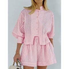 Pink Jacquard 100%Cotton Button Shirt and Shorts Set TQF711024-10