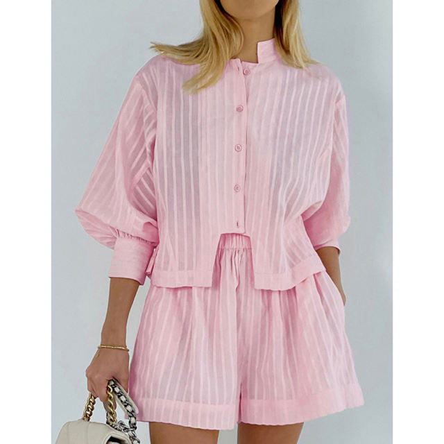 Pink Jacquard 100%Cotton Button Shirt and Shorts Set TQF711024-10