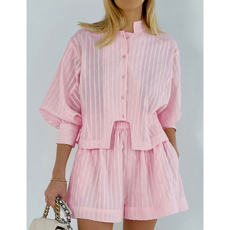 Pink Jacquard 100%Cotton Button Shirt and Shorts Set TQF711024-10