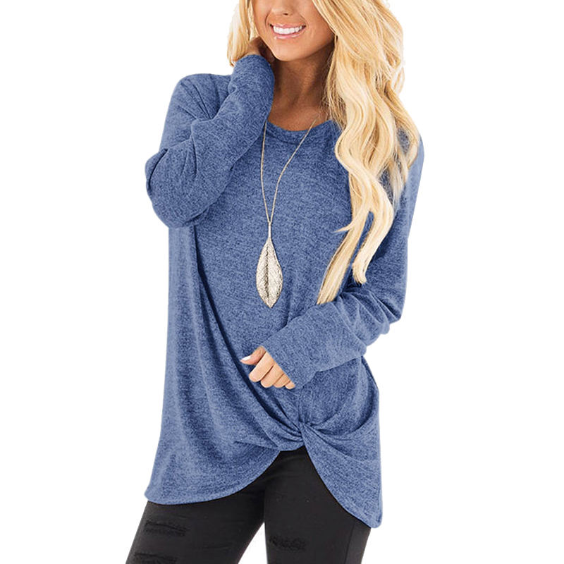 Light Blue Long Sleeve Side Twist Knotted Blouse