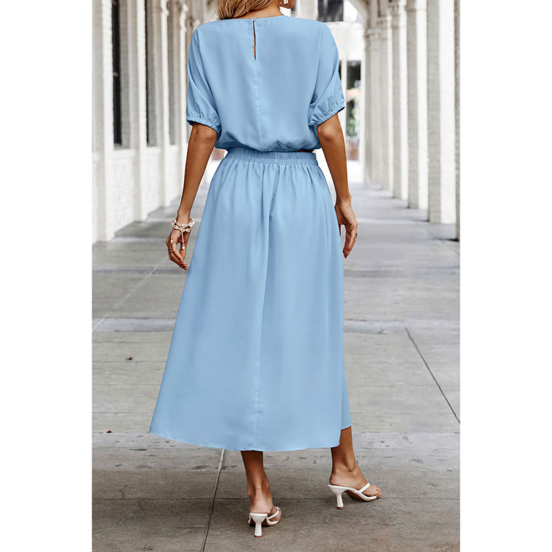 Light Blue Pleated Crop Top with Skirt Set TQX711094-30