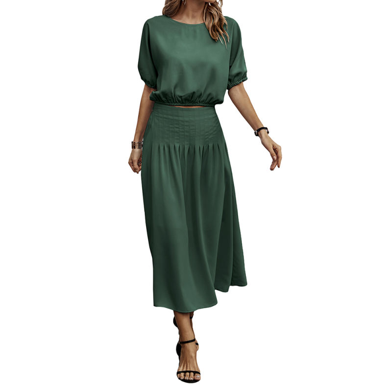 Dark Green Pleated Crop Top with Skirt Set TQX711094-36