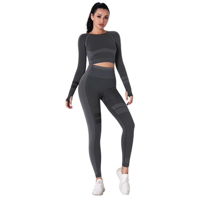 Black Seamless Knit Long Sleeve Pant Yoga Set TQE91372-2