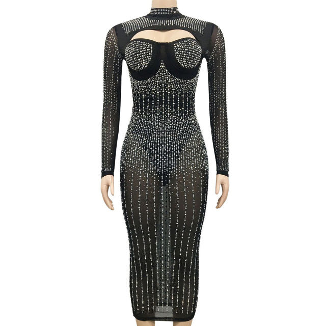 Black Mesh Rhinestone Beading Padded Long Sleeve Dress TQK311127-2