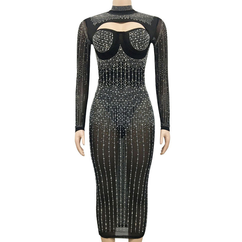 Black Mesh Rhinestone Beading Padded Long Sleeve Dress TQK311127-2