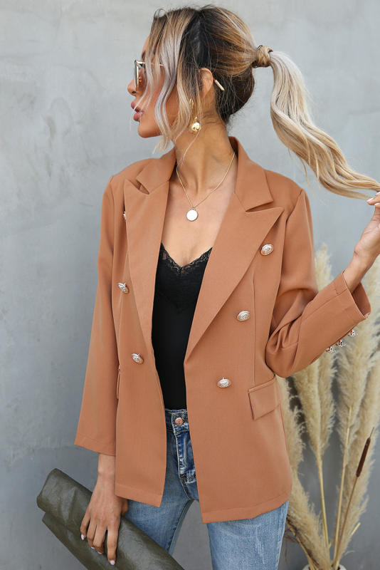 Brown Double Breasted Lapel Long Sleeve Blazer LC8511716-17