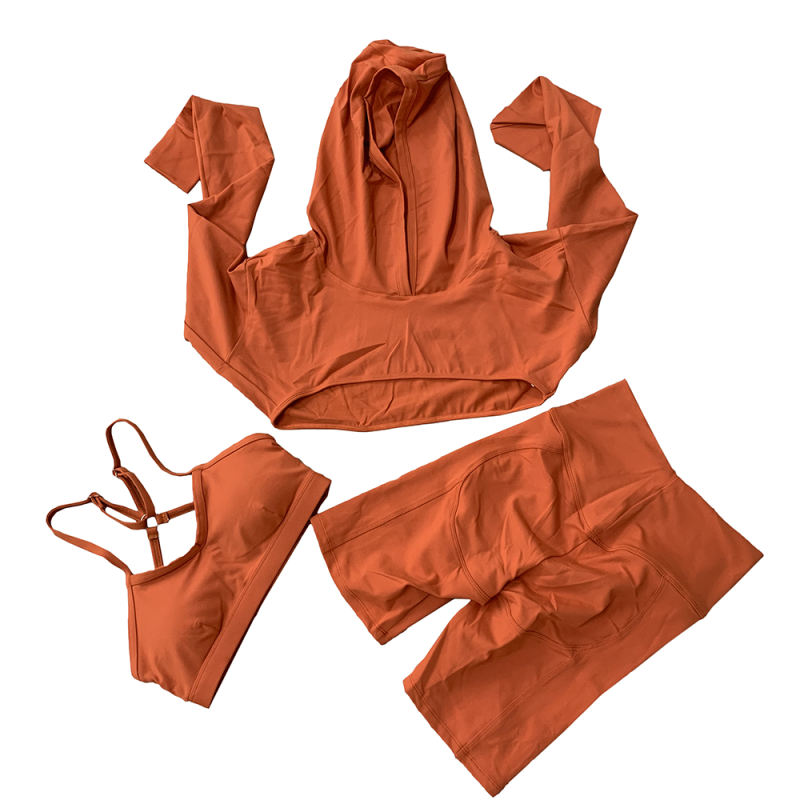 Orange 3pcs Yoga Bra Crop Hoodie and Shorts Set TQE91365-14