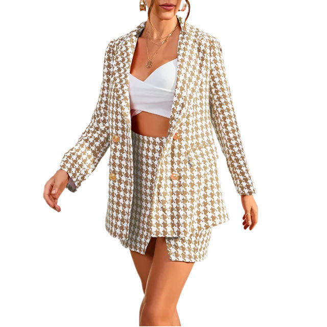 Khaki Plaid Print Blazer and Button Split Skirt Set TQF711046-21