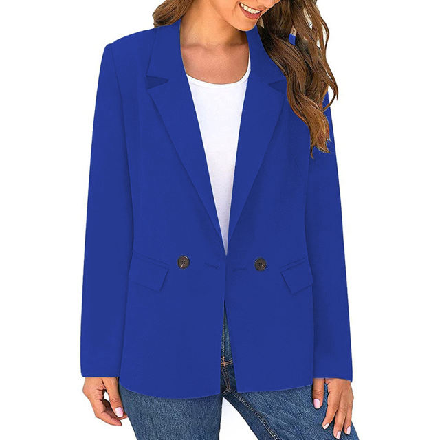 Blue Lapel Collar Button Solid Color Blazer TQK260054-5