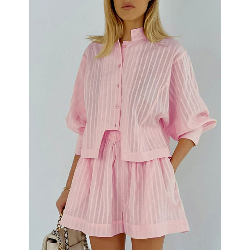 Pink Jacquard 100%Cotton Button Shirt and Shorts Set TQF711024-10