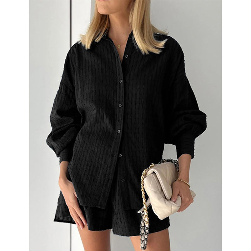 Black Hollow-out Jacquard Long Sleeve Shirt with Shorts Set TQF711040-2