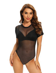 Black Short Sleeve Sheer Mesh Bodysuit TQF00004-2