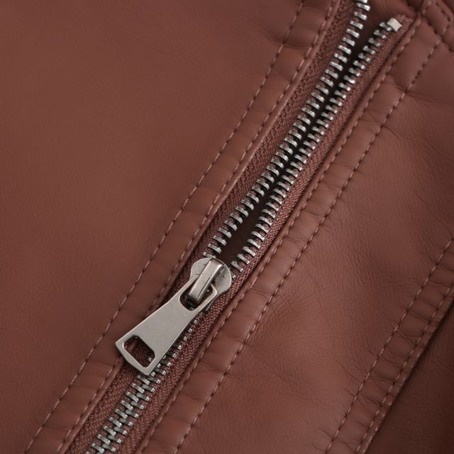 Coffee Zipper Slim Fit Motorcycle PU Leather Jacket TQK280090-15