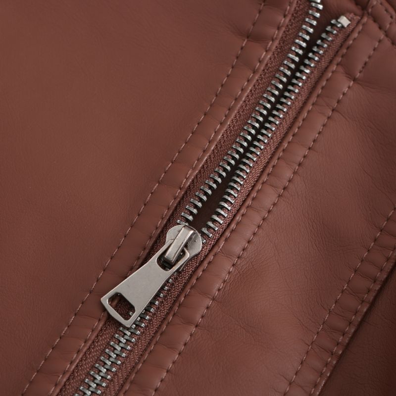 Coffee Zipper Slim Fit Motorcycle PU Leather Jacket TQK280090-15