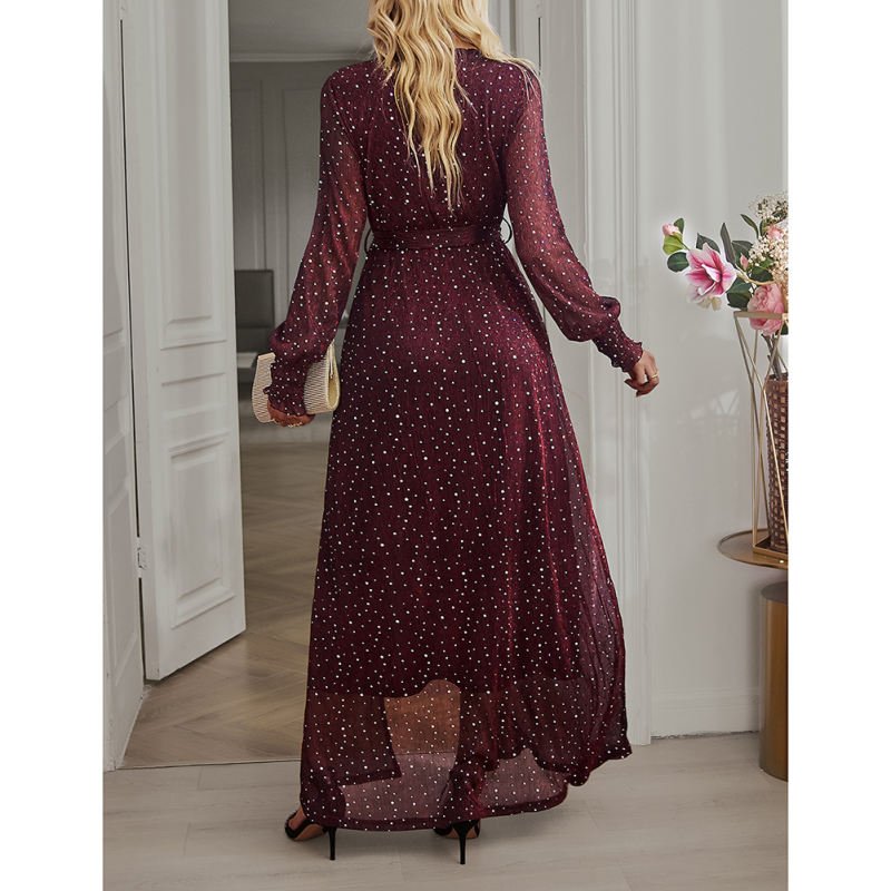 Burgundy Sequin V Neck High Split Maxi Dress TQK311352-23