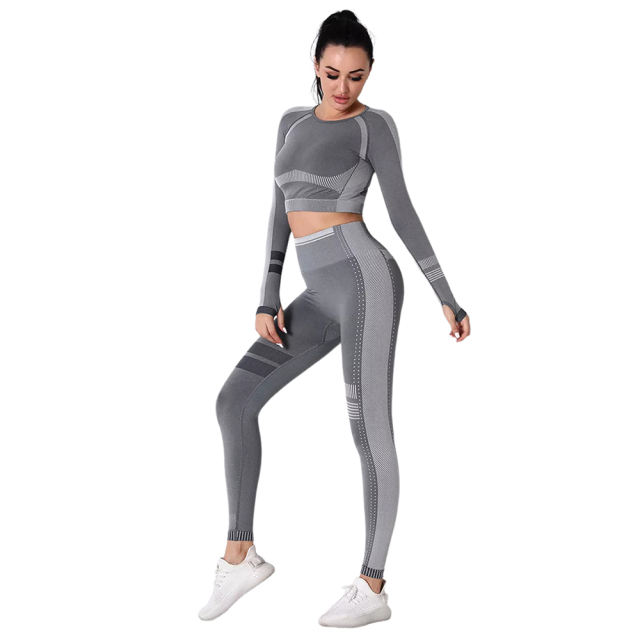 Dark Gray Seamless Knit Long Sleeve Pant Yoga Set TQE91372-26
