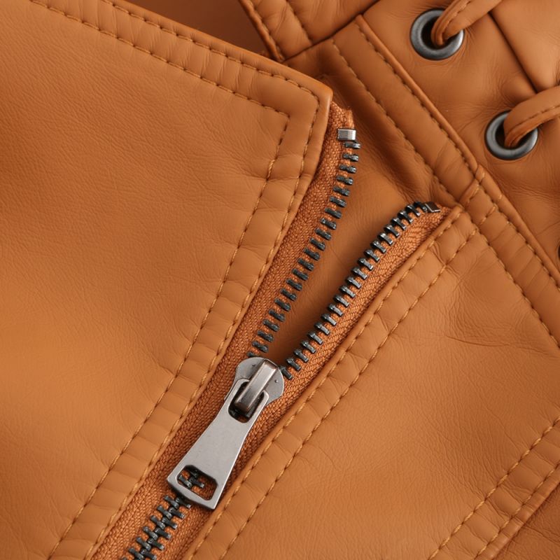 Camel Zipper Slim Fit Motorcycle PU Leather Jacket TQK280090-58