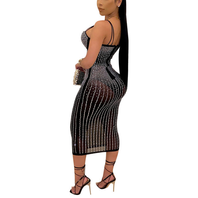 Black Mesh Rhinestone Plus Size Sling Dress TQK310775-2