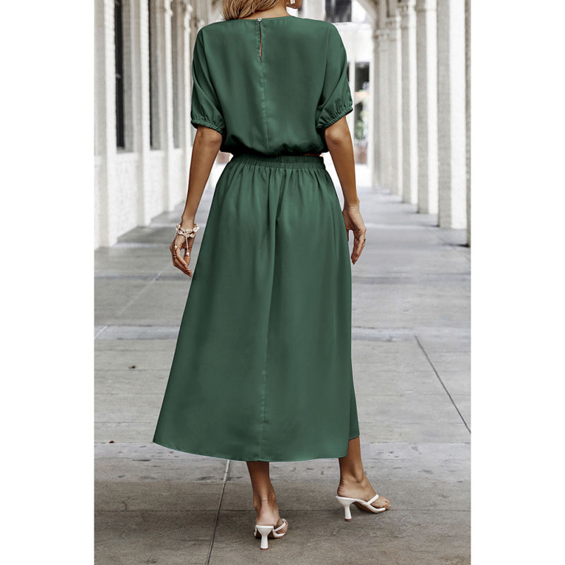 Dark Green Pleated Crop Top with Skirt Set TQX711094-36