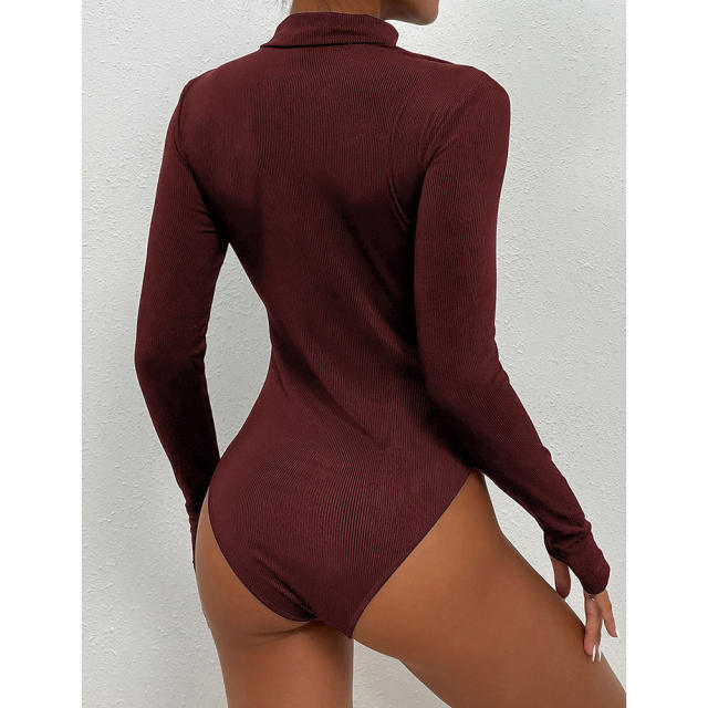 Burgundy Mock Neck Cut-out Ribbed Long Sleeve Bodysuit TQV220133-23