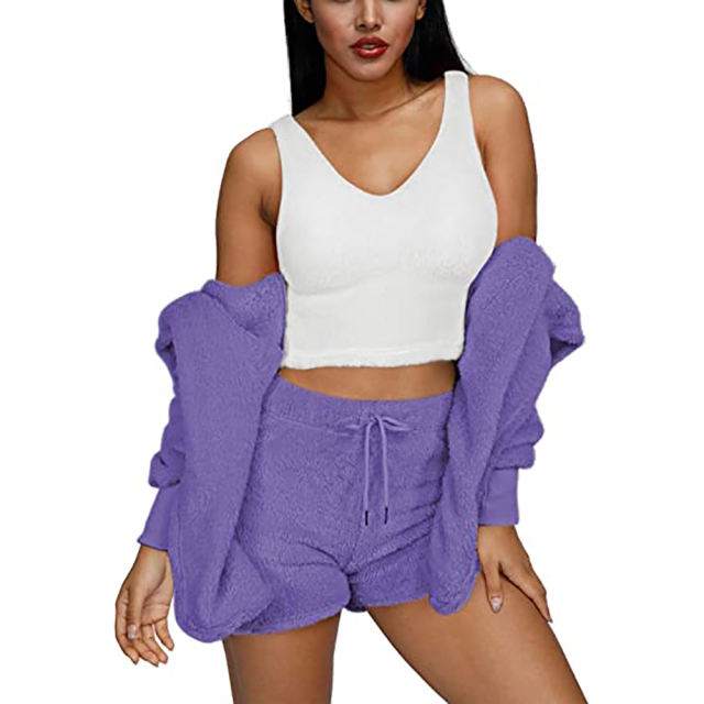 Purple Plush Hoodie with Shorts and White Vest 3pcs Set TQK710393-8