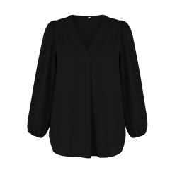 Black V Neck Chiffon Long Sleeve Blouse TQK210640-2