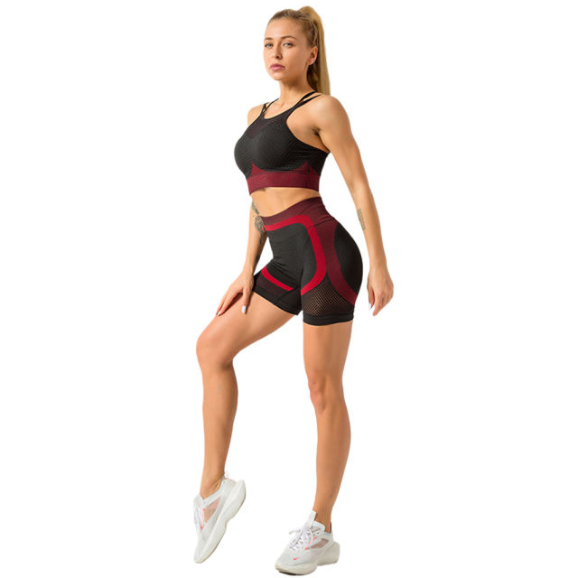 Red Splice Black Sports Bra With Shorts Set TQK710234-3