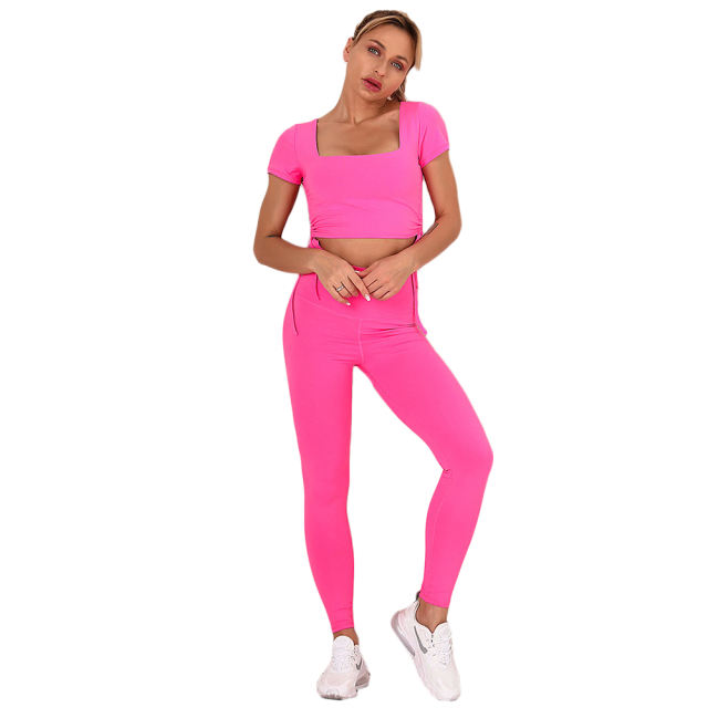 Rosy Sides Drawstring Short Sleeve Yoga Pant Set TQK710243-6