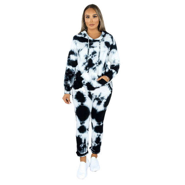 Black Tie Dye Print Hoodies with Pant Set TQK710224-2