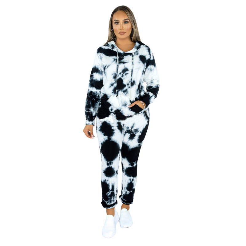 Black Tie Dye Print Hoodies with Pant Set TQK710224-2