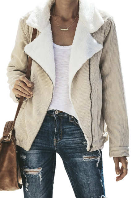 Khaki Fold Over Collar Zipper Plain Jacket LC85302-16